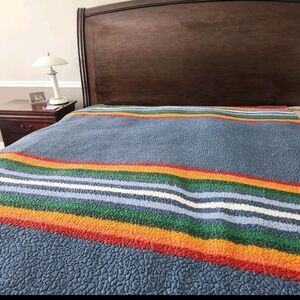 PENDLETON Serape Striped Sherpa Fleece Blanket Sham Blue Reversible 90 x 65